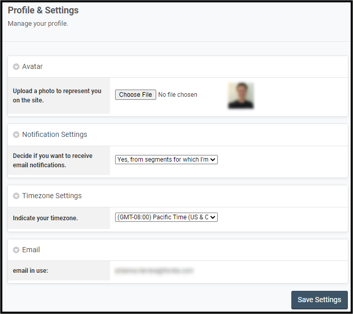 Profile & Setting options for the Researcher