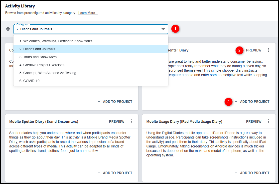 Activity Library (Sample Activities) Overview – Plus Digital Diaries