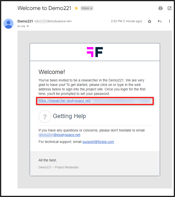 Click the link in the email from studyspace.net to set up your researcher account.